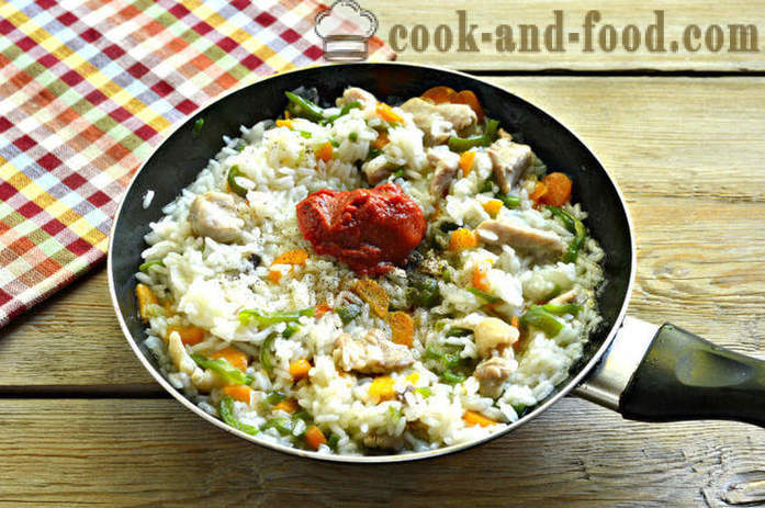 Rice kana ja juurviljadega - nii maitsev kana kokk riisi pannil, samm-sammult retsept fotod