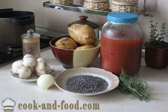 Läätsesupp seened ja tomatimahla - kuidas teha läätse supp tomati, samm-sammult retsept fotod