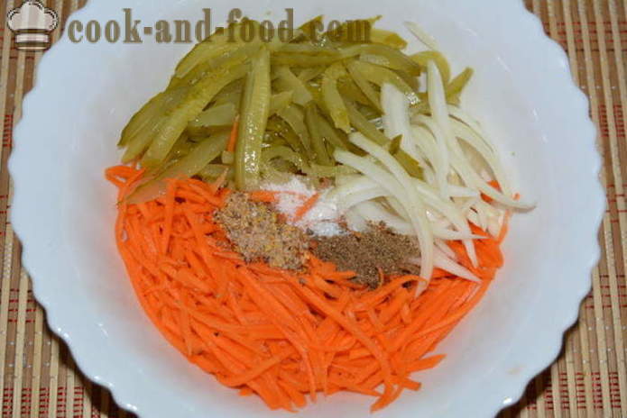 Lihtne salat Korea porgand ja kurk - kuidas kokk Korea salat porgandid ja kurgid, kus samm-sammult retsept fotod