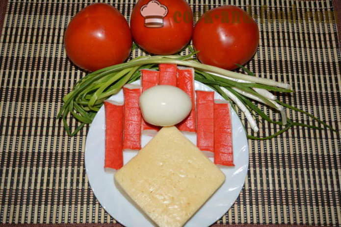 Salat makra, tomatid, juust ja munad - kuidas kokk maitsev salat makra, samm-sammult retsept fotod