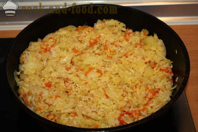 Delicious garneering riis porgandid, sibul ja küüslauk - kuidas kokk maitsev garneering riis, samm-sammult retsept fotod