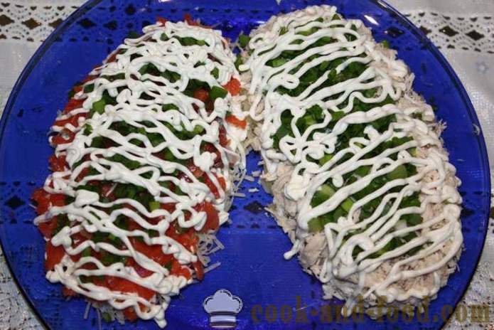 Algne disain uusaasta salatid - kuidas ilusti kaunistada kaks Christmas salat samal plaadil, samm-sammult retseptid pildid