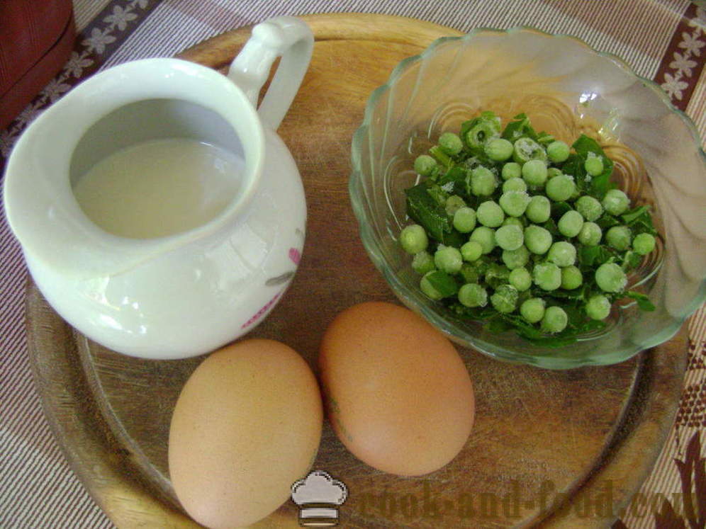 Lush munapuder piimaga, spinat ja herned - kuidas teha kohev omlett pannil koos samm-sammult retsept fotod