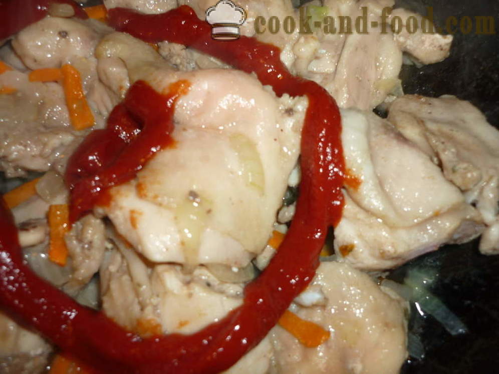 Hautatud kana tomatikastmes - nii maitsev süüa kana hautis, samm-sammult retsept fotod
