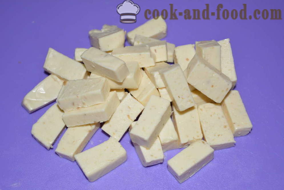 Juust supp sulatatud juust, pasta ja vorsti - kuidas kokk juustu supp sulatatud juust, samm-sammult retsept fotod