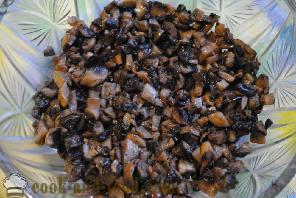 Puff salat seente ja juustuga - kuidas valmistada kihiline salat seente, samm-sammult retsept fotod