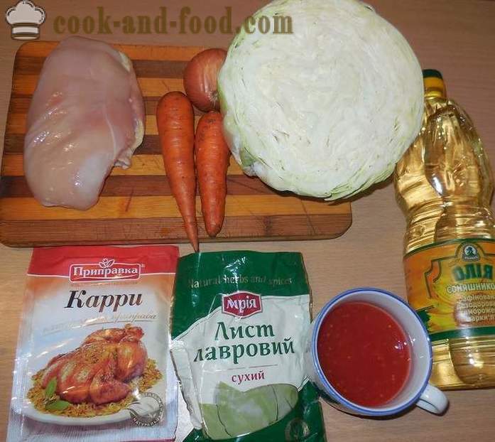 Hautatud kapsas, kana, juurviljad ja karri - kuidas kokk hautatud kapsas liha kana - samm-sammult retsept fotod