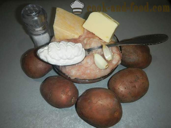 Küpsetatud kartul hakkliha ja juust - nagu ahjukartul ahjus, retsept samm-sammult fotode.