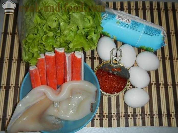 Lihtne ja maitsev salat kalmaari, makra ja punase kalamarjaga - kuidas valmistada salat kalmaari muna, samm-sammult retsept fotod.